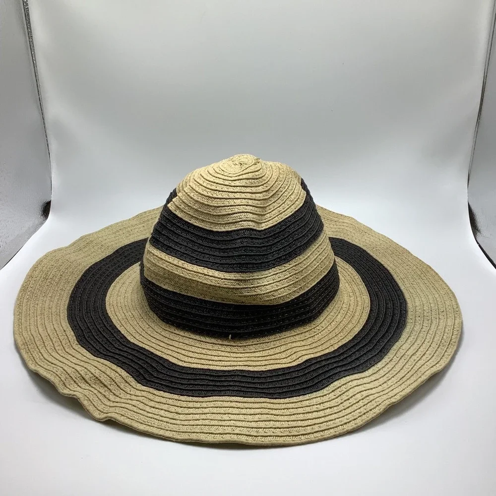 Panama Jack Womans Straw Sun Hat Tan‎ Black Beach Hat Wide Brim